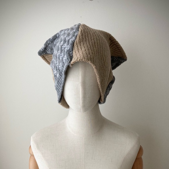 joodito origami crown 100% wool sweater hat japanese boro patchwork beanie cap - Picture 3 of 11